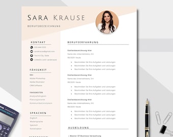 May include: A resume template with the name "SARA KRAUSE" at the top. The resume includes sections for contact information, skills, work experience, and education. A photo of a woman is in the upper right corner. A calculator and pen are visible.