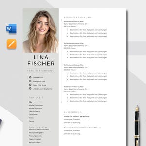 以下が含まれることがあります： 女性の顔写真、連絡先、スキル、職務経歴が記載された履歴書のテンプレート。電卓、ペン、ペーパークリップも表示されています。