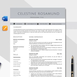 以下が含まれることがあります： Celestine Rosamundの名前が上部に記載された履歴書のテンプレート。履歴書には、概要、学歴、職務経験、スキルなどのセクションが含まれています。電卓、ペン、ペーパークリップも表示されています。