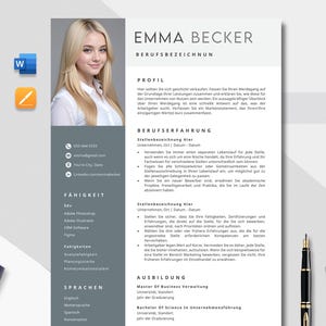 May include: A modern CV template featuring a photograph of a woman, the name "EMMA BECKER", and sections for profile, work experience, skills, and education. The design is minimalist, with a grey and white colour scheme.