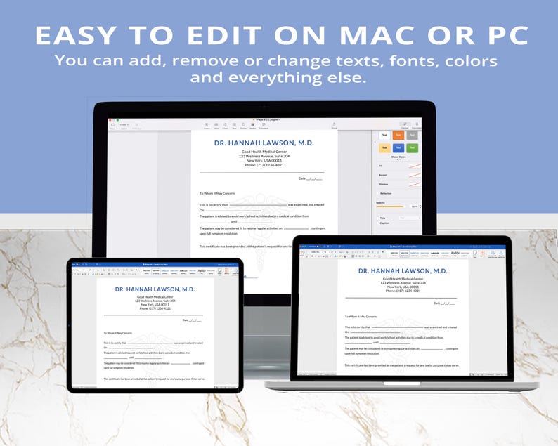 May include: A digital template displayed on a desktop computer, laptop, and tablet. The text "EASY TO EDIT ON MAC OR PC" is at the top. The template is a medical form with the text "DR. HANNAH LAWSON, M.D." and other fields.