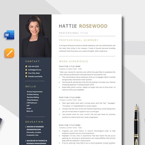May include: A professional resume template with a photo of a woman, contact information, skills, and work experience sections. The resume is primarily white with navy blue and gold accents. A calculator, pen, and paperclips are in the image.