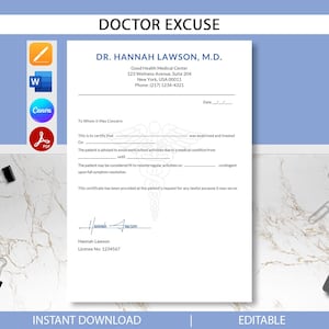 Editable Doctor Excuse Note Template, Printable Medical Sick Letter for ...