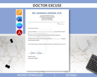Editable Doctor Excuse Note Template, Printable Medical Sick Letter for Work or School, Sick Leave form, (word, canva, PDF, Google Docs)