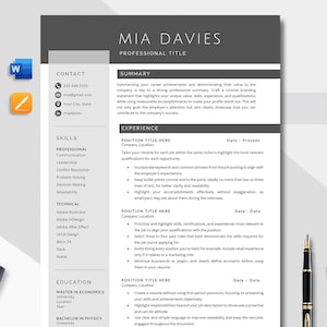 May include: A professional resume template with a gray and white design. The resume includes sections for contact information, skills, experience, and education. The text includes the name "Mia Davies" and the title "Professional Title."