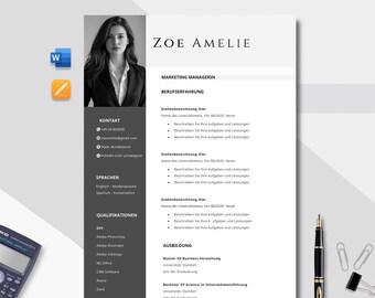 May include: A professional resume template with a headshot of a woman in a blazer. The resume includes sections for contact information, skills, and work experience. The document is in black and white with a modern design.