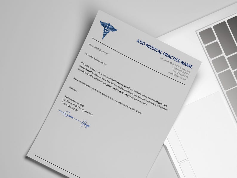 May include: A medical document on a white sheet of paper with a blue caduceus symbol and the text "ADD MEDICAL PRACTICE NAME." The document includes lines for date, recipient, and a medical summary. A signature is visible at the bottom.