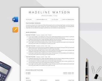 May include: A clean, minimalist resume template with the name "MADELINE WATSON" at the top. The document includes sections for professional overview, work experience, education, and skills. A calculator, pen, and paperclips are visible.