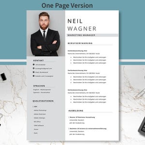Puede incluir: Una plantilla de currículum profesional con una foto de un hombre con traje. El currículum incluye secciones para información de contacto, habilidades y experiencia laboral. El texto "NEIL WAGNER MARKETING MANAGER" está en la parte superior.