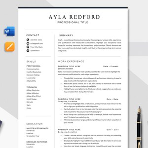May include: A professional resume template with the name "AYLA REDFORD" at the top. The resume includes sections for contact information, skills, work experience, and education. A calculator, pen, and paperclips are on the side.