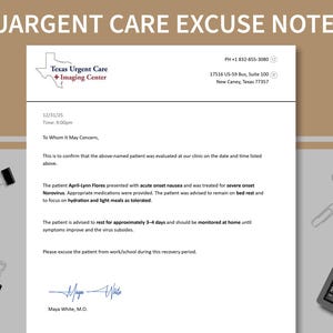 May include: A white document titled "URGENT CARE EXCUSE NOTE" with the Texas Urgent Care logo. The note confirms a patient's evaluation for acute onset nausea and Norovirus, advising rest for 3-4 days. A keyboard and paperclips are visible.