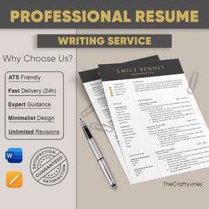 May include: A professional resume writing service advertisement. The image features a stack of resumes, a pen, and paper clips. Text includes "Professional Resume Writing Service", "Why Choose Us?" and "ATS Friendly". The resumes have the name "Emily Bennet".