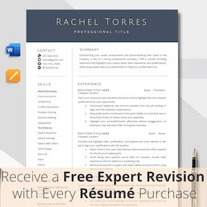May include: A professional resume template with the name "RACHEL TORRES" at the top. The resume includes sections for contact information, skills, and experience. The text "Receive a Free Expert Revision with Every Résumé Purchase" is at the bottom.