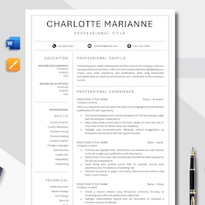 May include: A black and white resume template with the name "Charlotte Marianne" at the top. The resume includes sections for education, skills, and professional experience. A calculator, pen, and paperclips are in the image.