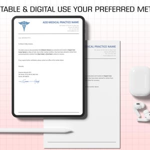 May include: A digital medical form on a tablet with the text "ADD MEDICAL PRACTICE NAME" and a medical symbol. A printed form, a white stylus, and wireless earbuds are also visible. The background is a pink grid.