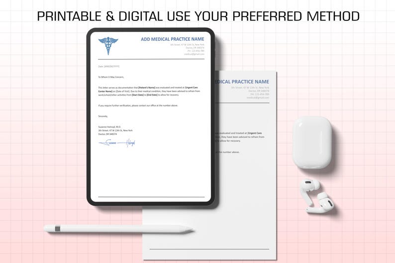 May include: A digital medical form on a tablet with the text "ADD MEDICAL PRACTICE NAME" and a medical symbol. A printed form, a white stylus, and wireless earbuds are also visible. The background is a pink grid.