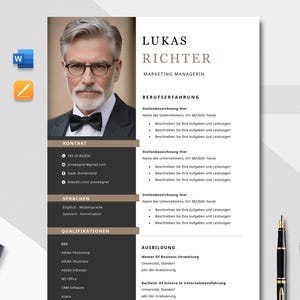 Op de afbeelding: Een professionele cv-sjabloon met een portret van een man met een bril en een vlinderdas. Het cv bevat secties voor contactgegevens, vaardigheden en werkervaring. De tekst bevat de naam "Lukas Richter" en de titel "Marketing Managerin."