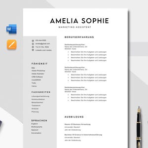 May include: A black and white resume template with the name "AMELIA SOPHIE" at the top, with sections for experience, skills, and education. A calculator and pen are visible in the frame.
