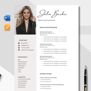 May include: A professional CV template featuring a photograph of a woman, contact details, skills, and work history sections. The CV is in black and white with the name "Julia Becker" at the top. A calculator, pen, and paper clips are on the side.
