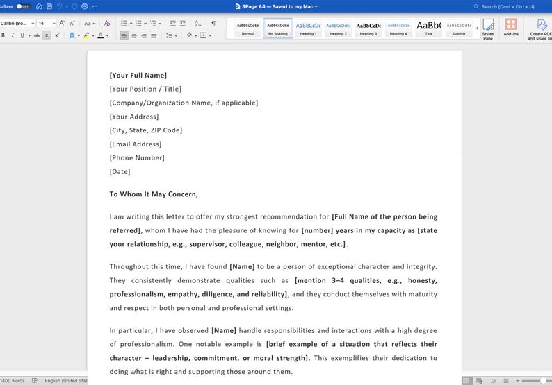 Character Reference Letter Template: MS Word & Pages, Customizable - Etsy