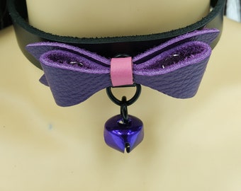 Kitty slave collar with colorful two toned bow and bell multiple colors