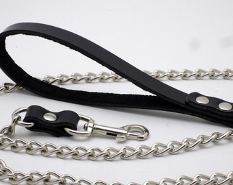 Leather and chain leash - Black leather and nickel chain 47" - Free US Shipping