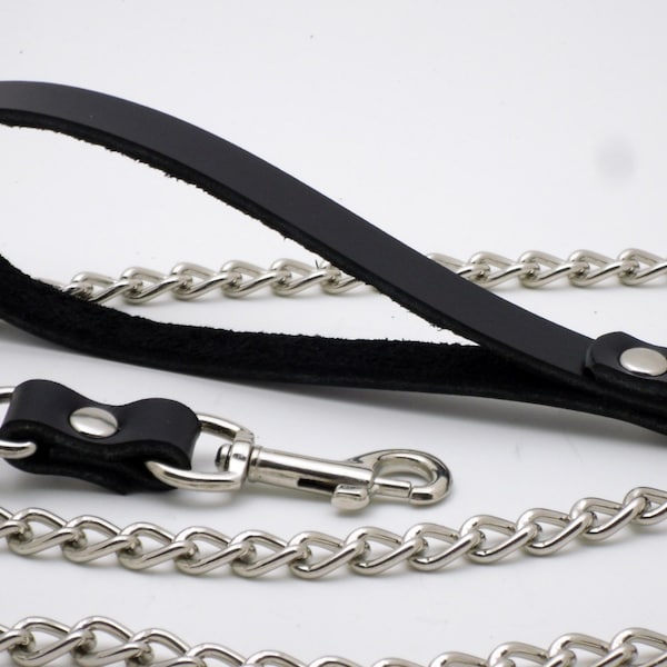 Leather and chain leash - Black leather and nickel chain 47" - Free US Shipping