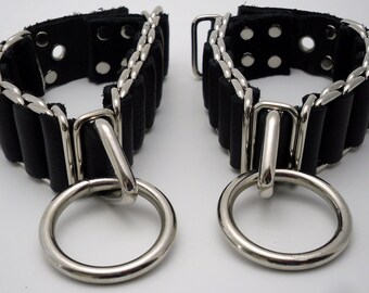 Black leather and Silver loops woven cuff (set of 2) - Free US Shipping