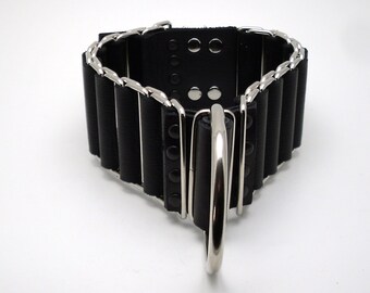 Wide 2" Black and Silver woven chain slave collar - Free US Shipping