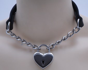 Leather and chain submissive day collar type 1 (lock included) - Free US Shipping