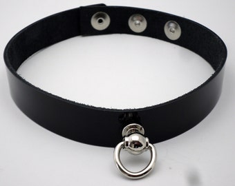 BDSM bondage slave collar black patent leather customizable with ring post - Free US Shipping