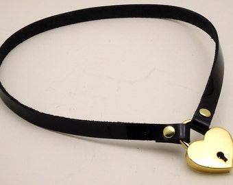 Simple Patent Leather Submissive Collar with Locking Heart gold-toned - Free US Shipping