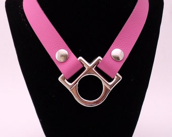 Pink leather collar with metal halter BDSM bondage slave collar - Free US Shipping