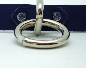 Custom Sized Blue leather Submissive Collar with Light Blue Gems