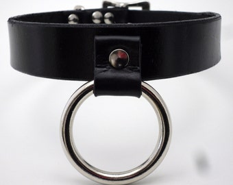 BDSM bondage slave collar black leather customizable with large from O ring - Free US Shipping