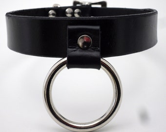 BDSM bondage slave kołnierz czarny skórzany personalizowany z dużym O ringiem - Darmowa wysyłka do USA