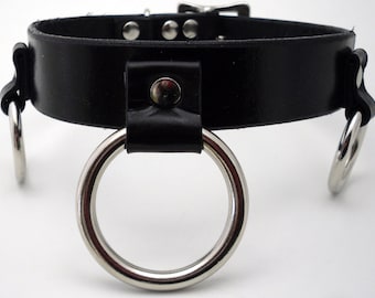 BDSM bondage slave collar black leather customizable with 3 O rings - Free US Shipping