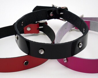 Patent Leather Submissive Collar with crystal rivets - Free US Shipping