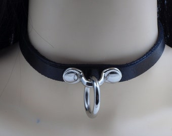 Slim leather collar with o-ring - Free US Shipping