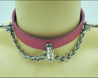 Slave collar with dicks and scalloped chain multiple colors