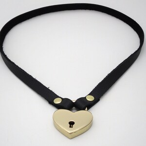May include: A black leather choker with a gold heart-shaped padlock.