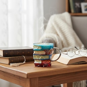 May include: A colorful glass mug shaped like stacked books, filled with a light blue liquid and steam rising from it. The mug sits on a wooden table next to a stack of books and a pair of glasses.