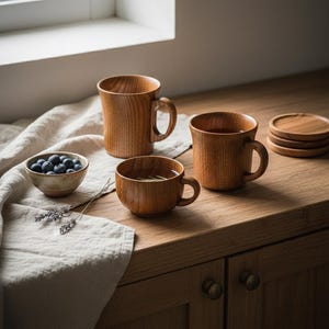 Peut inclure: Plusieurs tasses en bois, un petit bol de myrtilles et des dessous de verre sont disposés sur une surface en bois. Les tasses ont des poignées et un fini veiné naturel. Un tissu en lin et des brins de lavande complètent l'ambiance rustique.