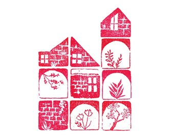PNG Digital files - hand carved seal images modular style/ red house/ oversized plants/ brick walls/ instant download/ creative projects