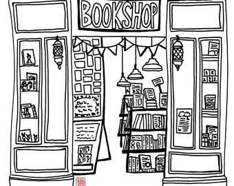 Printable art - Melbourne bookshop/ hand drawn/ sketch/ illustration/ colouring/ holiday/ books/ bookstore/ drawing/ wall decor/ postcard