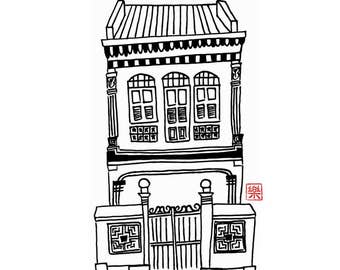 Printable art - Singapore shophouse / hand drawn/ freehand sketch/ illustration/ colouring/ instant / nanyang/ shop house/ peranakan/ card