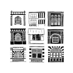 Op de afbeelding: Zwart-witte illustratie van negen verschillende winkelgevels. Elke gevel heeft een uniek raam- en deurontwerp. De tekst "COFFEE" is zichtbaar op een van de gevels.