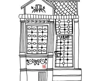 Arte imprimible - Tienda de Singapur/ dibujado a mano/ boceto/ ilustración/ colorear/ peranakan/ nonya/ arquitectura/ edificio/ singapurense