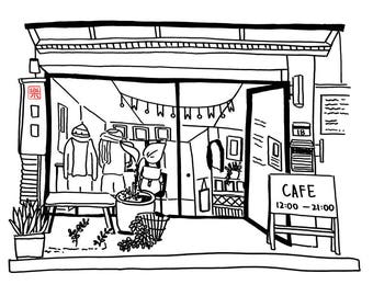 Printable art - Taipei cafe/ Streets/ shopfront/ building/ hand drawn/ freehand sketch/ illustration/ coloring/ holiday/ shop/ taiwan/