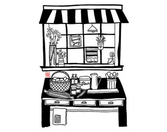 Printable art - Dream kitchen/ hand drawn/ sketch/ illustration/ colouring/ window/ bright sunny day/ lovely kitchen/ pretty kitchen/ home